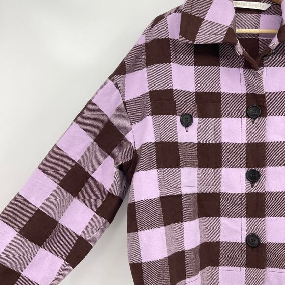 Palm Angels | Purple Brown Buffalo Check Plaid Logo Flannel Shirt Jacket 40 US L - Picture 8 of 16